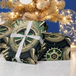 Papier Cadeau Steampunk Industrial Green Clocwork Gears