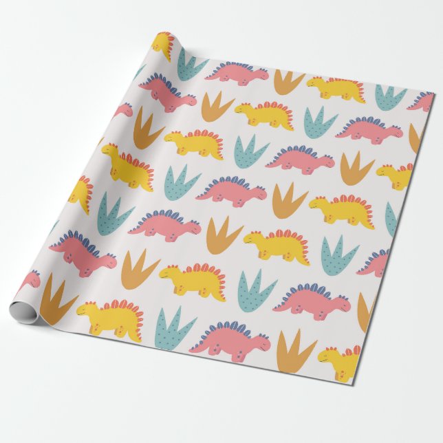 Papier Cadeau Stegosaurus coloré et Plante (Déroulé)