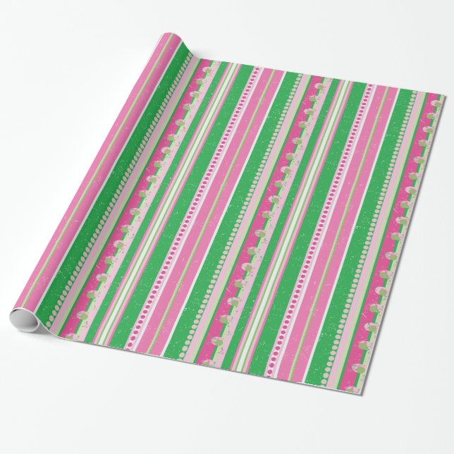 Papier Cadeau Stripes et planètes Abstraites, Rose rose et vert (Déroulé)
