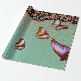 PAPIER CADEAU STRIPES FAISÉES EN LACE VERTE ET BOUTTERFLIES