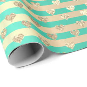 Papier Cadeau Stripes Lignes Coeurs Champaigne Gold Mint