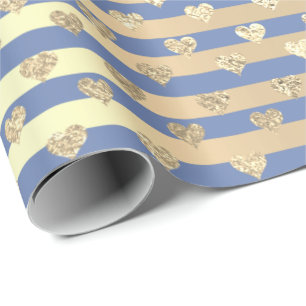 Papier Cadeau Stripes Lignes Coeurs Champaigne Or Bleu Bleu