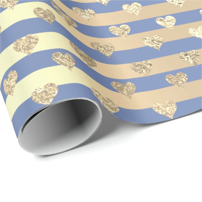 Papier Cadeau Stripes Lignes Coeurs Champaigne Or Bleu Bleu (Coin rond)
