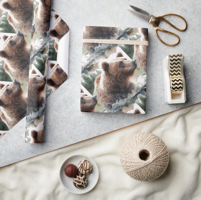 Papier Cadeau Style Aquarelle Grizzly Ours Faune Art animal (Artisanat)