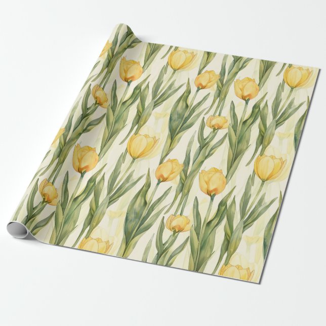 Papier Cadeau Style Aquarelle Tulipes Jaunes Imprimé (Déroulé)