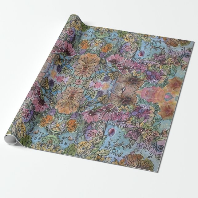 Papier Cadeau Style Chic Flower Garden aquarelle peinture (Déroulé)
