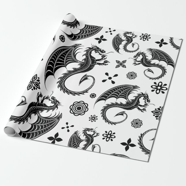 Papier Cadeau Style de tatouage en forme de dragon noir (Déroulé)