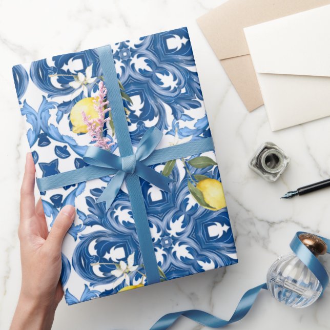 Papier Cadeau style italien, carreaux, majolica, citron, impress (Cadeaux)