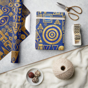 Papier Cadeau Style Klimt Bleu+Or Renaissance Égyptienne