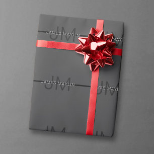 Papier Cadeau Stylé Masculin Gris Foncé Nom & Monogramme 