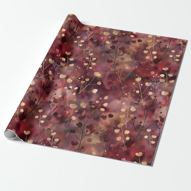 Papier Cadeau Style or bordeaux abstrait modèle floral élégant (Déroulé)