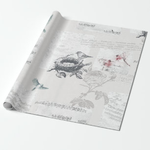 Papier Cadeau Style Vintage. Grey pâle. Oiseaux et Musique.