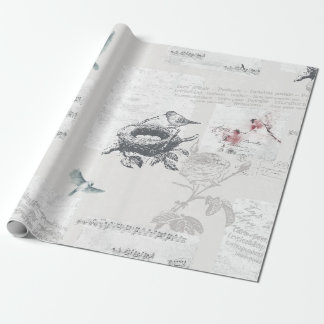 Papier Cadeau Style Vintage. Grey pâle. Oiseaux et Musique.