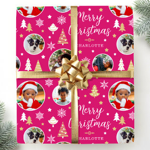Papier Cadeau Stylish Christmas Trees Photo Collage Nom Rose