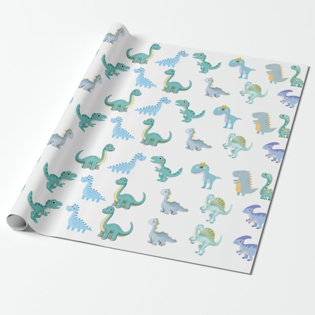 Papier Cadeau Stylish Dinosaur Baby Shower White (Déroulé)