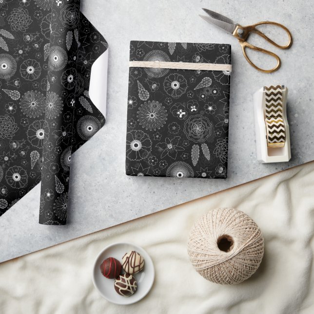 Papier Cadeau Subtile Floral Contemporain Noir & Blanc Motif (Artisanat)