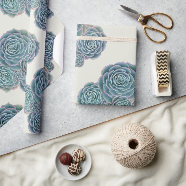 Papier Cadeau Succulents bleus sur Ecru Toutes les occasions Env (Artisanat)