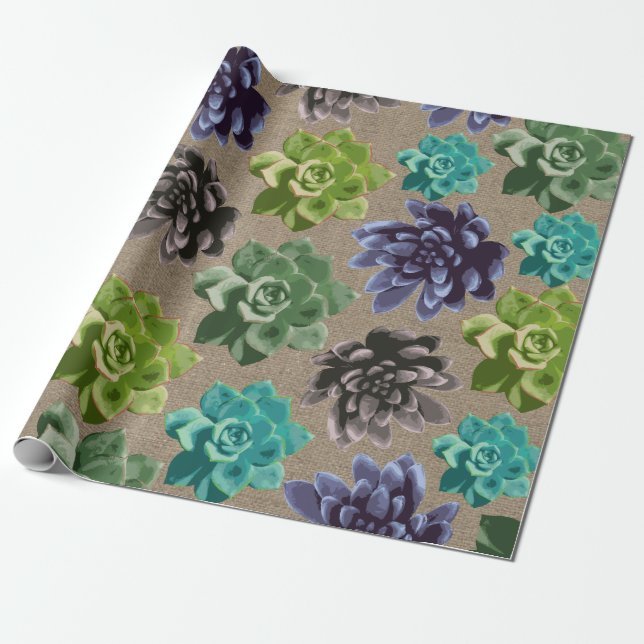 Papier Cadeau Succulents Faux Burlap (Déroulé)