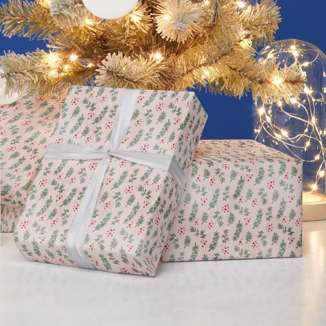 Papier Cadeau Succursales et baies rustiques Noël (Vacances)