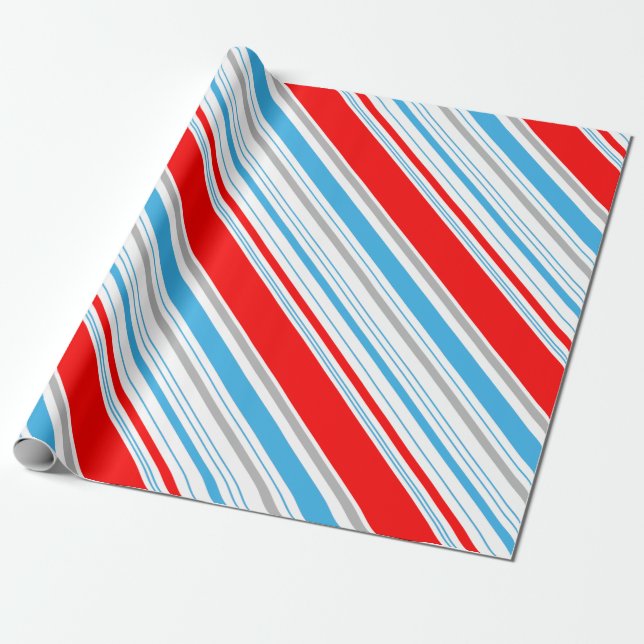 Papier Cadeau Sucre de canne bleu argent rouge rayé (Déroulé)