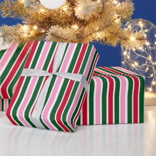 Papier Cadeau Sucre de canne de Noël rayures en rose vert et rou