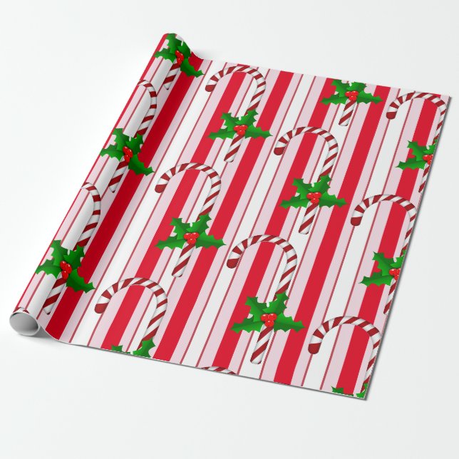 Papier Cadeau Sucre de canne de Noël Stripes Holly Motif (Déroulé)