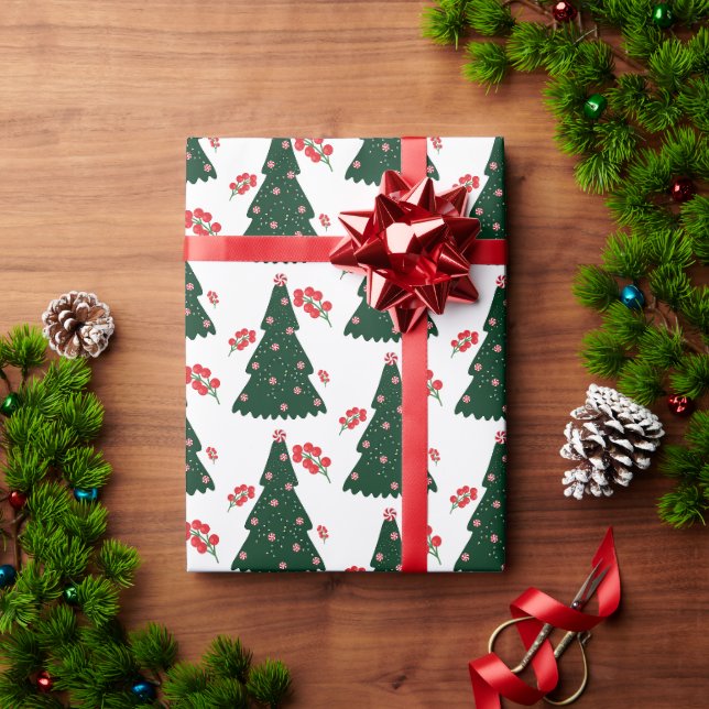 Papier Cadeau Sucre de canne d'hiver Holly Berry White Christmas (Cadeau de vacances)