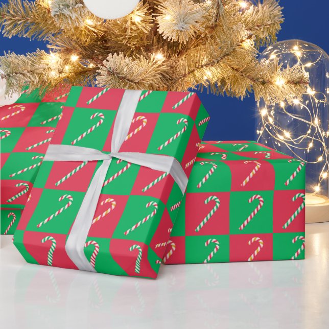 Papier Cadeau Sucre de canne moderne Noël rouge vert vérifié (Vacances)