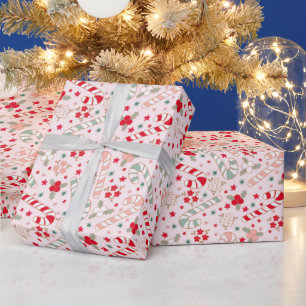 Papier Cadeau Sucre de canne Vintage rétro Floral rose Noël