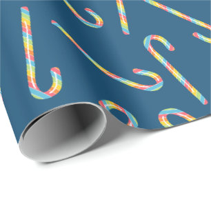 Papier Cadeau Sucres de canne arc-en-ciel bleu foncé Noël