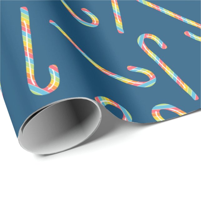 Papier Cadeau Sucres de canne arc-en-ciel bleu foncé Noël (Coin rond)