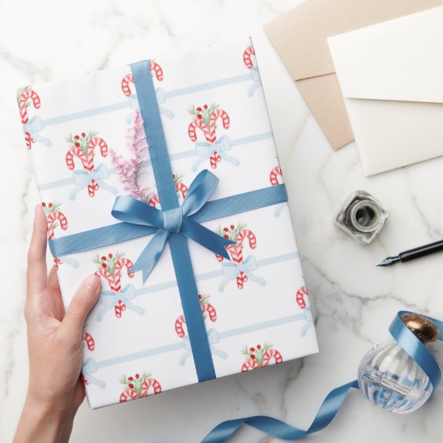 Papier Cadeau Sucres de canne d'aquarelle de Noël Papier d'envel (Cadeaux)