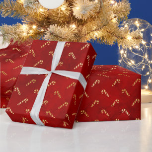 Papier Cadeau Sucres de canne de Noël or sur Rouge