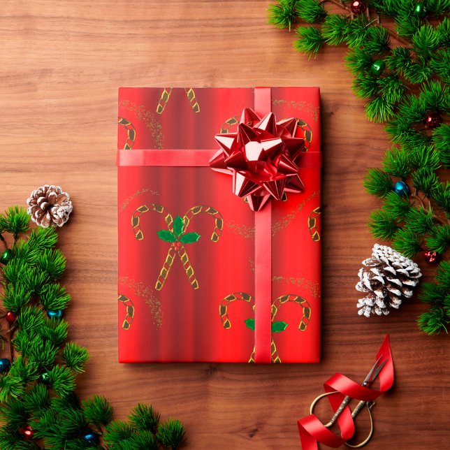 Papier Cadeau Sucres de canne d'or à Noël rouge (Créateur téléchargé)