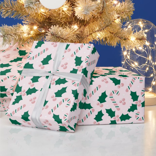 Papier Cadeau Sucres de canne roses et Motif Feuille Holly (Vacances)
