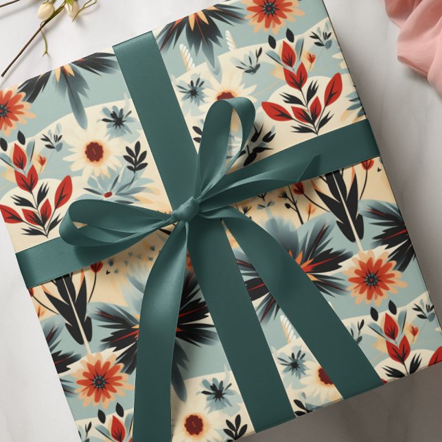 Papier Cadeau Sud-Ouest Rustique Floral Blues Brûlé Orange Reds (Créateur téléchargé)