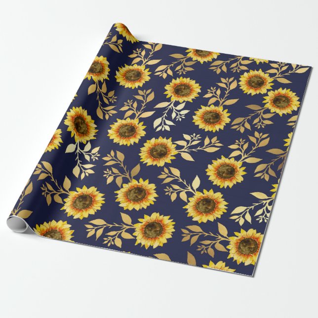 Papier Cadeau Sunny Yellow Gold Navy Feuille Motif (Déroulé)