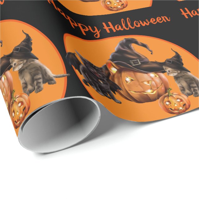 Papier Cadeau Super Cute Kitty Bat & Witch Cadeau Halloween (Coin rond)
