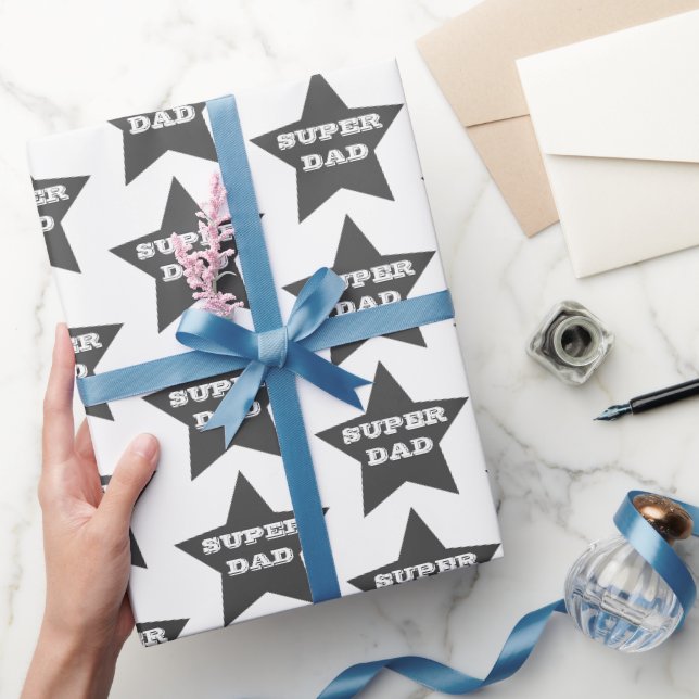 Papier Cadeau SUPER DAD | Gris Étoiles Fête des pères Motif (Cadeaux)