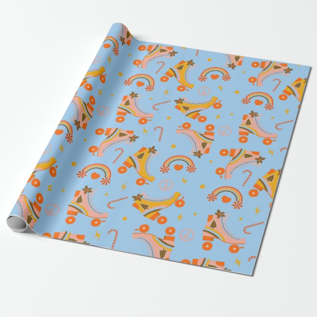 Papier Cadeau Super les années 70 roller skate motif de Noël (Déroulé)