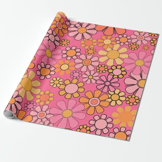 Papier Cadeau Super motif floral rétro 60s les années 70 rose (Déroulé)