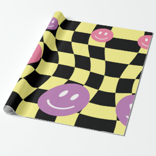 Papier Cadeau Super psychédélique Retro Smiley Checkerboard,