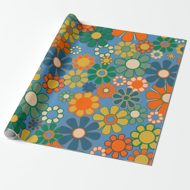 Papier Cadeau Super Retro coloré 60s les années 70 motif floral (Déroulé)