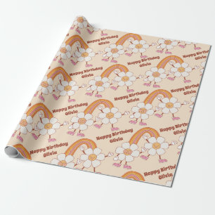Papier Cadeau Super retro daisy boho arc-en-ciel nom personnalis