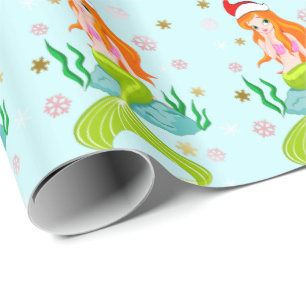 Papier Cadeau Superbe sirène de Noël flocons de neige or motif