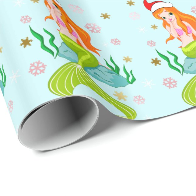 Papier Cadeau Superbe sirène de Noël flocons de neige or motif (Coin rond)