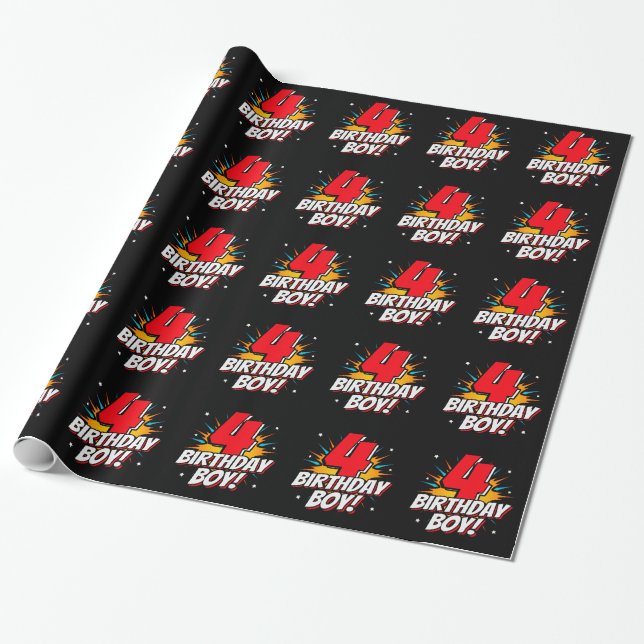 Papier Cadeau Superhero Anniversaire Garçon - 4 ans - 4e anniver (Déroulé)
