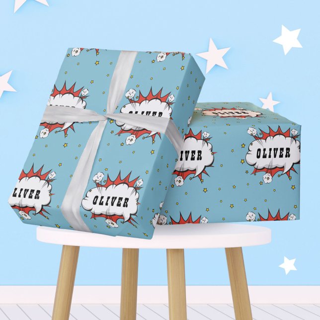 Papier Cadeau Superhero Comic Speech Bubble Boy Name (Créateur téléchargé)