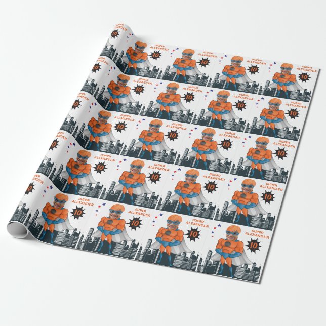 Papier Cadeau Superhero Muscle Man Orange Plus grand anniversair (Déroulé)