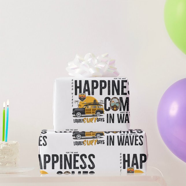 Papier Cadeau Surf Van Beach Quote Happiness Comes in Waves (Créateur téléchargé)